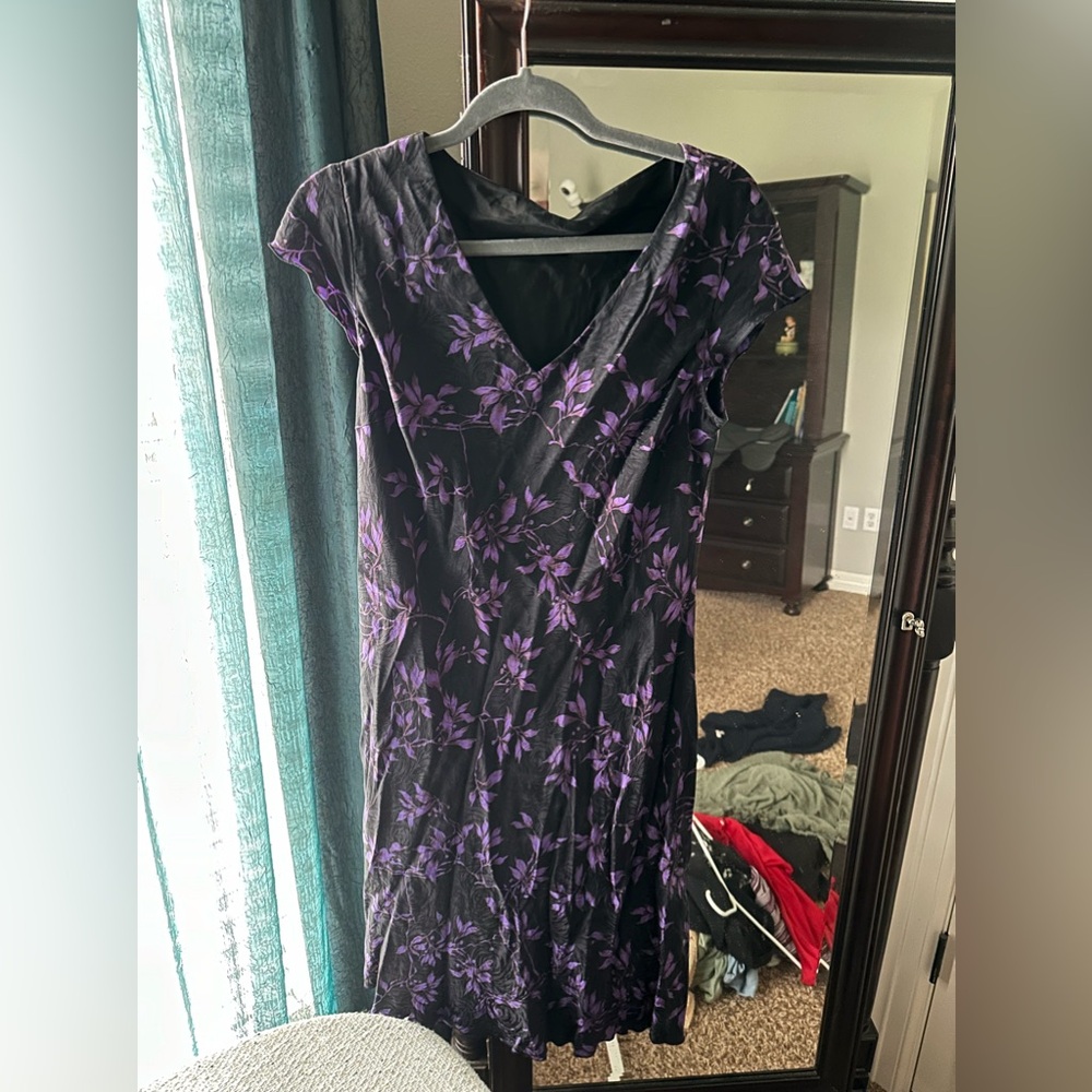 Little black dress satin with a purple floral design!